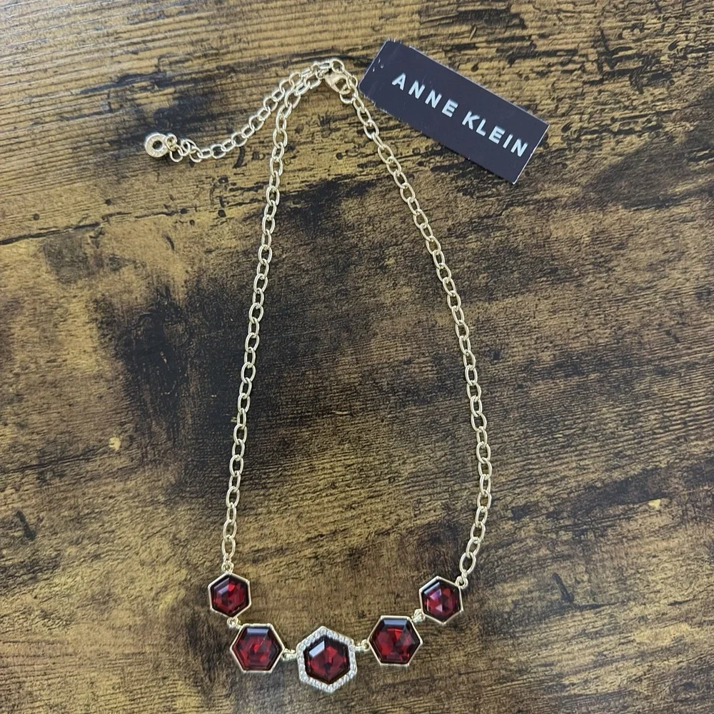 Anne Klein Gold Tone Necklace w/Ruby Red Faceted Glass Gems-18